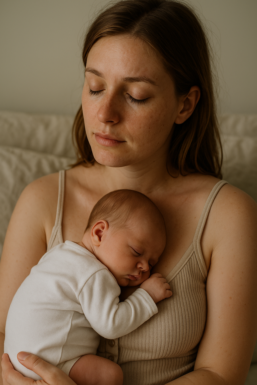 Jeune mère assise dans une chambre douce et lumineuse, tenant son nouveau-né endormi contre sa poitrine, exprimant tendresse, fatigue et apaisement après l’accouchement.