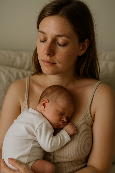 Jeune mère assise dans une chambre douce et lumineuse, tenant son nouveau-né endormi contre sa poitrine, exprimant tendresse, fatigue et apaisement après l’accouchement.